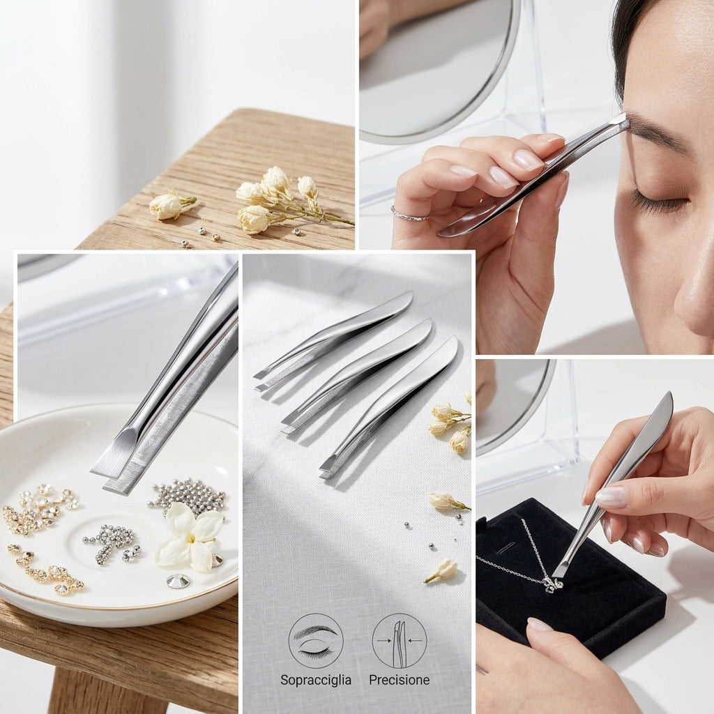 Pinzetta Professionale per Sopracciglia in Acciaio Inox a Punta Obliqua – Design Ergonomico a Onda