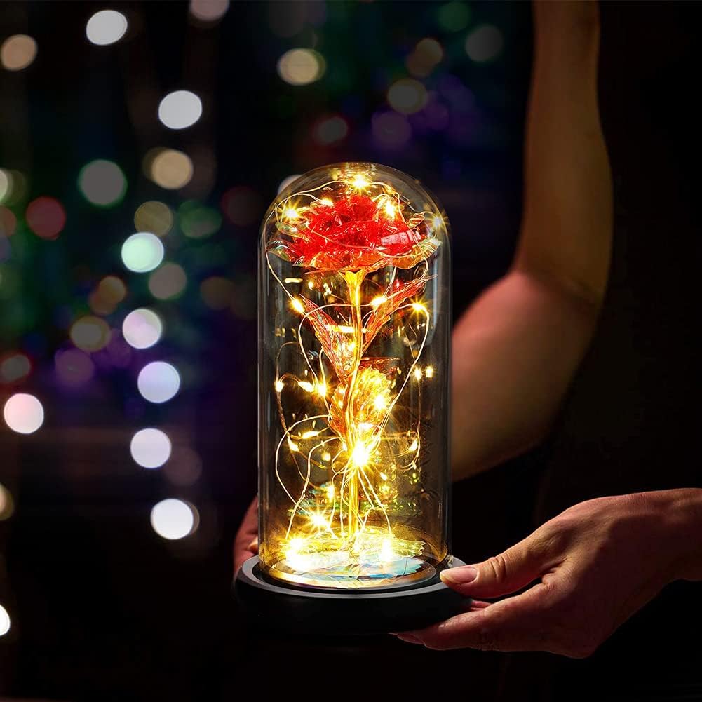 ROSA ETERNA STABILIZZATA IDEA REGALO, EFFETTO VETRO CON CUPOLA,CON LED,COMPLEANNO ED EVENTI