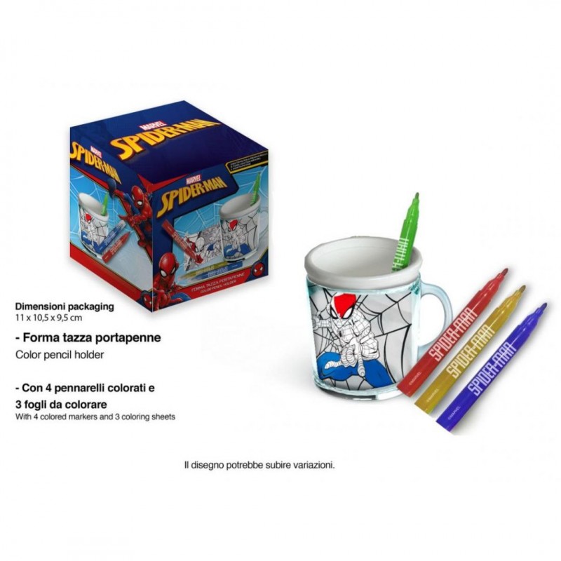 TAZZA PORTAPENNE SPIDERMAN MARVEL CON PENNARELLI E FOGLI DA COLORARE