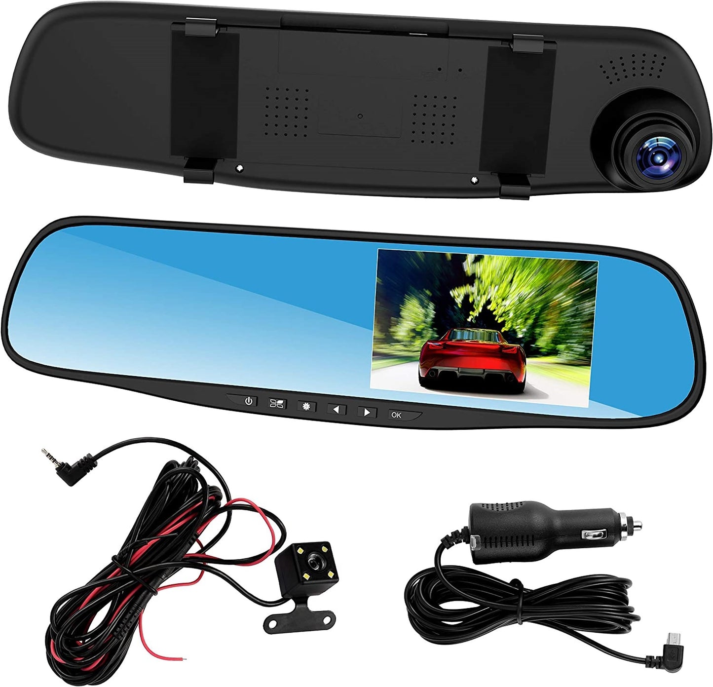 KIT CON SPECCHIETTO PER AUTO E DASH CAM SCHERMO DA 4.3" RISOLUZIONE 1080P DOPPIA LENTE CON REGISTRATORE + TELECAMERA