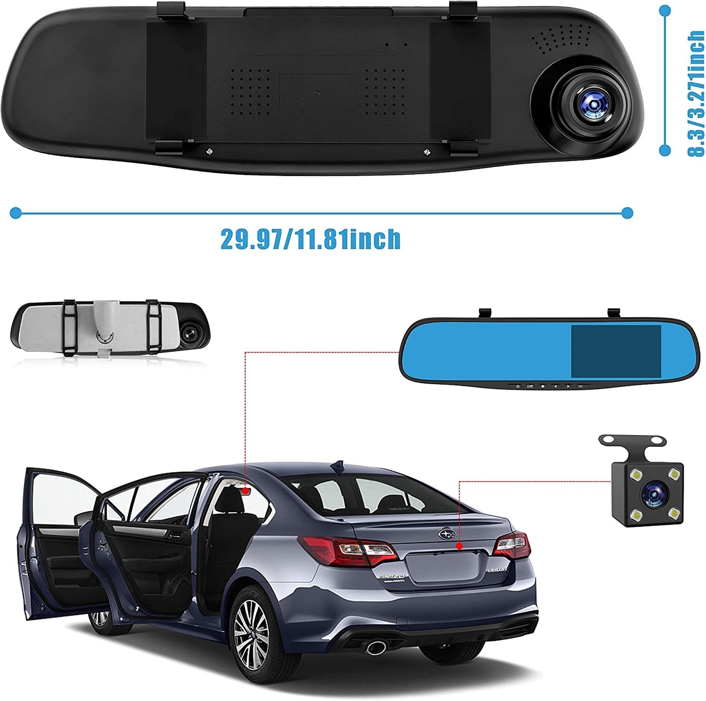 KIT CON SPECCHIETTO PER AUTO E DASH CAM SCHERMO DA 4.3" RISOLUZIONE 1080P DOPPIA LENTE CON REGISTRATORE + TELECAMERA