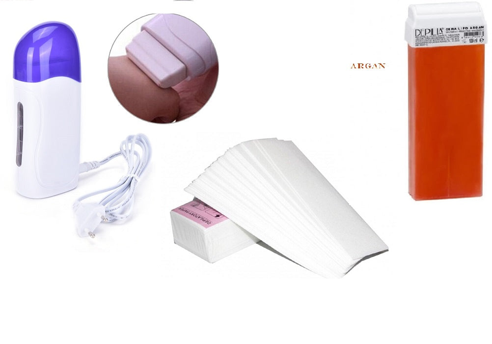 KIT DEPILAZIONE MANIPOLO SCALDACERA RULLO + RICARICA CERA ROLLO-ON + 100 STRISCE TNT PRETAGLIATE