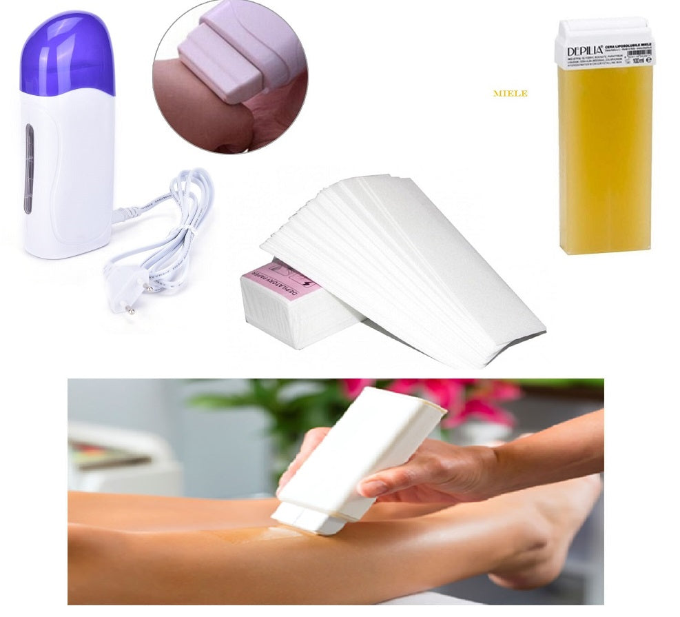 KIT DEPILAZIONE MANIPOLO SCALDACERA RULLO + RICARICA CERA ROLLO-ON + 100 STRISCE TNT PRETAGLIATE