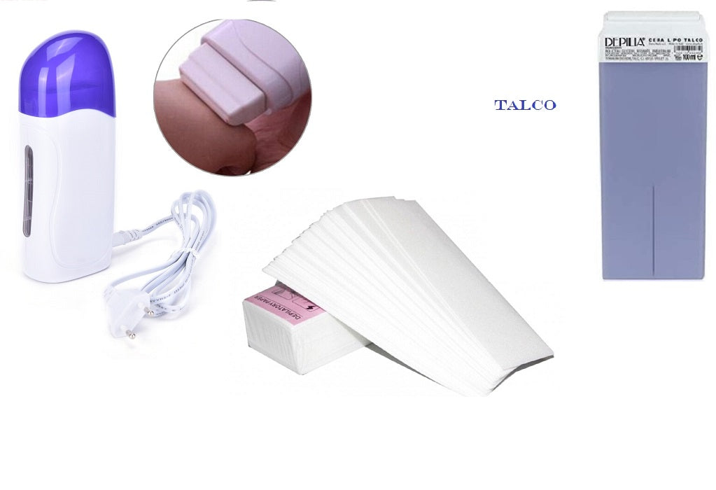 KIT DEPILAZIONE MANIPOLO SCALDACERA RULLO + RICARICA CERA ROLLO-ON + 100 STRISCE TNT PRETAGLIATE