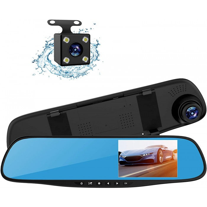 KIT CON SPECCHIETTO PER AUTO E DASH CAM SCHERMO DA 4.3" RISOLUZIONE 1080P DOPPIA LENTE CON REGISTRATORE + TELECAMERA