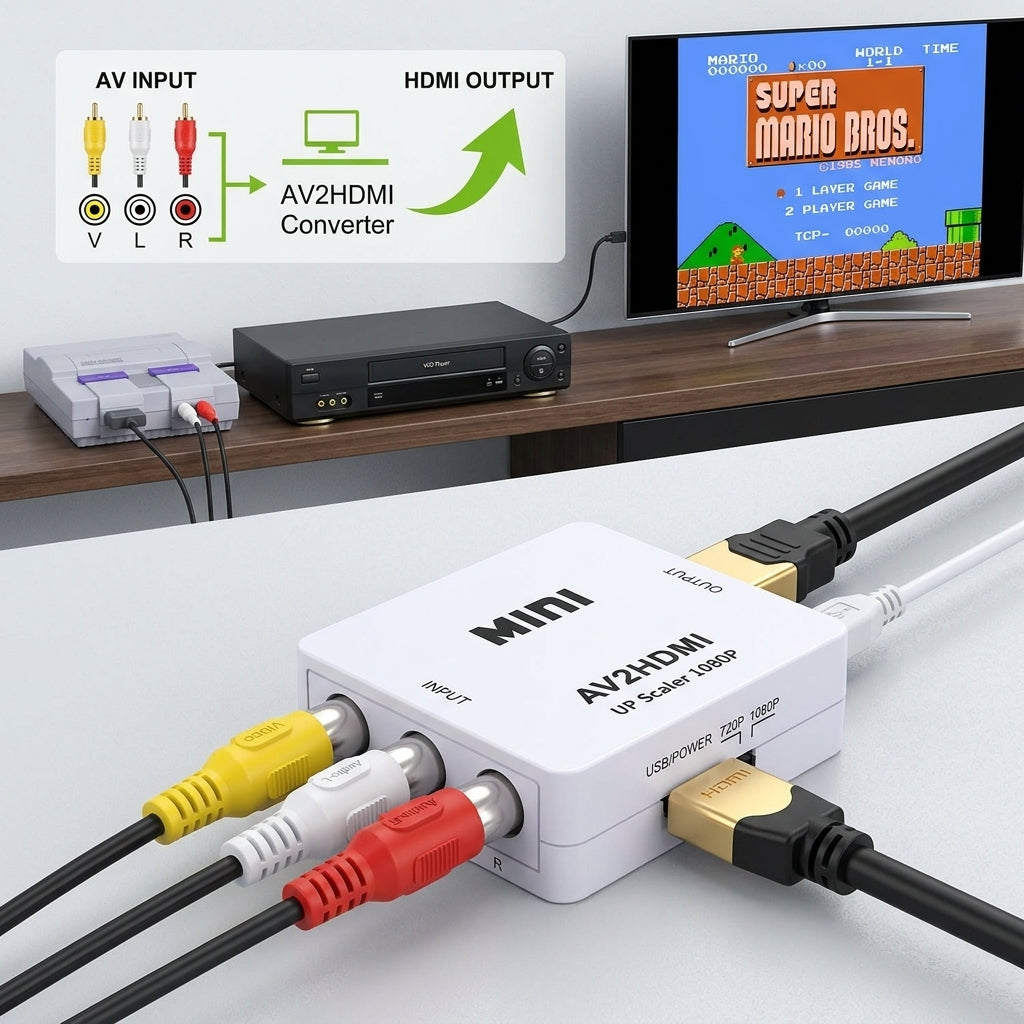 Mini Convertitore Video da AV (RCA) a HDMI 1080P – Adattatore Scaler Audio e Video HD
