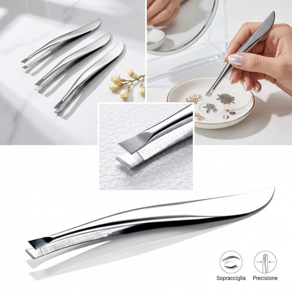 Pinzetta Professionale per Sopracciglia in Acciaio Inox a Punta Obliqua – Design Ergonomico a Onda