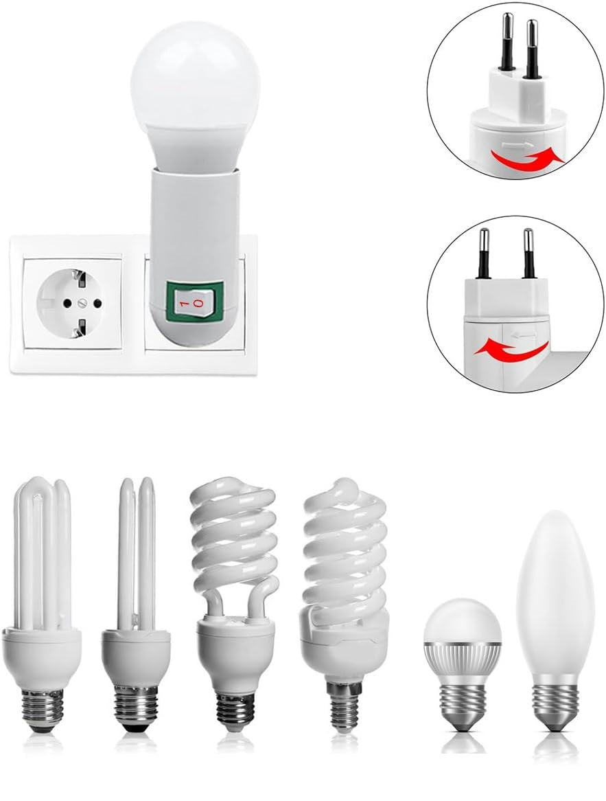 Adattatore Portalampada da Presa a Muro E27 a 90° con Interruttore ON/OFF