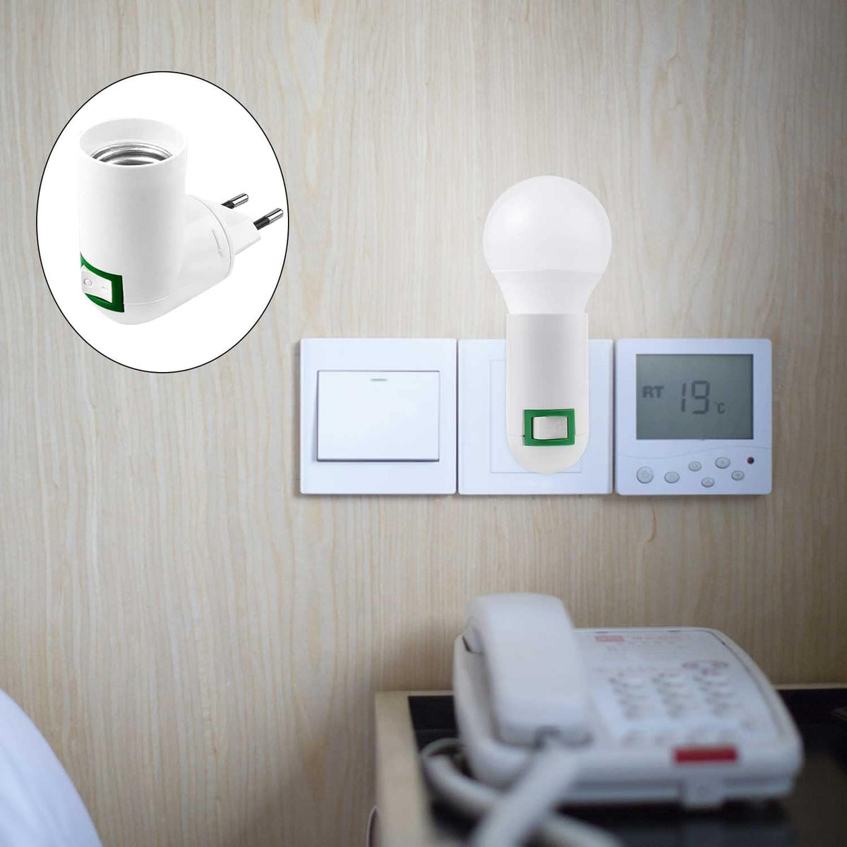 Adattatore Portalampada da Presa a Muro E27 a 90° con Interruttore ON/OFF