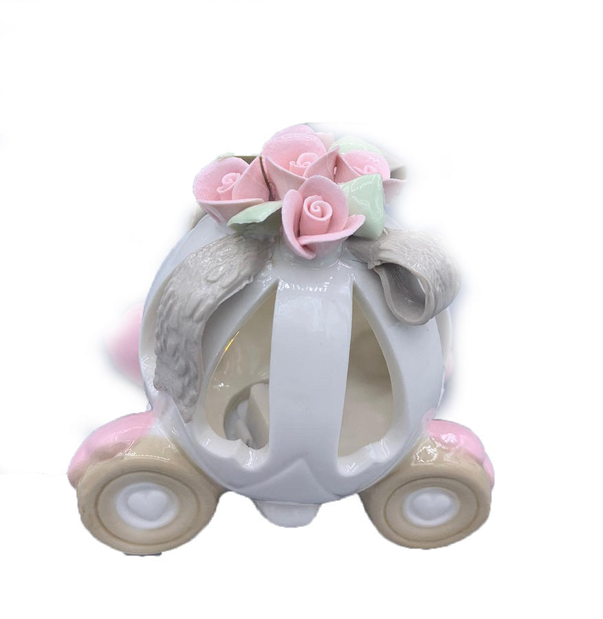 CARROZZA IN CERAMICA BIANCA DECORATA CON ROSE 10x10x7 CM CON LUCE LED INTERNA