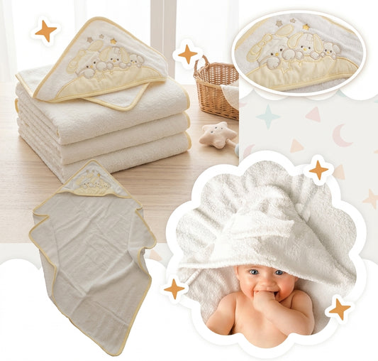ACCAPPATOIO NEONATI A TRIANGOLO CON CAPPUCCIO – TELO BAGNO IN SPUGNA DI COTONE MORBIDA E ASSORBENTE CON RICAMO 100% COTONE 70X70 CM