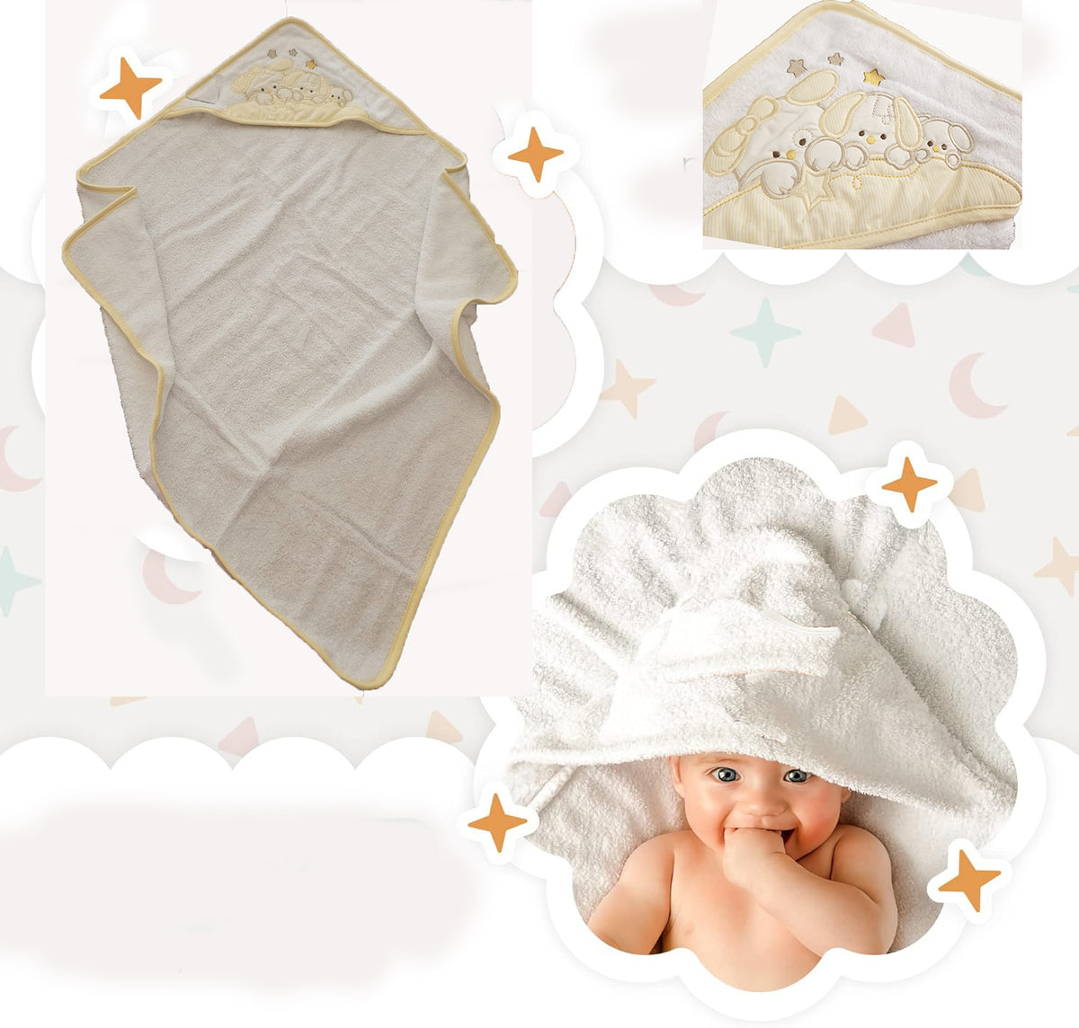 ACCAPPATOIO NEONATI A TRIANGOLO CON CAPPUCCIO – TELO BAGNO IN SPUGNA DI COTONE MORBIDA E ASSORBENTE CON RICAMO 100% COTONE 70X70 CM