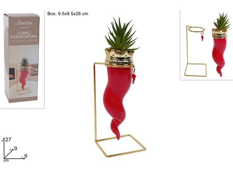 CORNO PORTAFORTUNA IN CERAMICA CON PIANTA GRASSA E BASE IN METALLO
