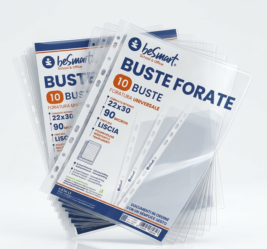 Buste Forate Lisce A4 - Confezione da 10 Pezzi, Spessore 90 Micron, Polipropilene Trasparente ad Alta Resistenza con Foratura Universale