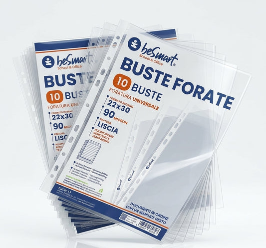 Buste Forate Lisce A4 - Confezione da 10 Pezzi, Spessore 90 Micron, Polipropilene Trasparente ad Alta Resistenza con Foratura Universale