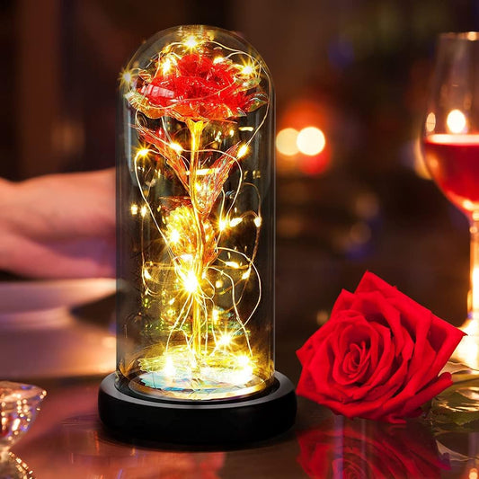 ROSA ETERNA STABILIZZATA IDEA REGALO, EFFETTO VETRO CON CUPOLA,CON LED,COMPLEANNO ED EVENTI