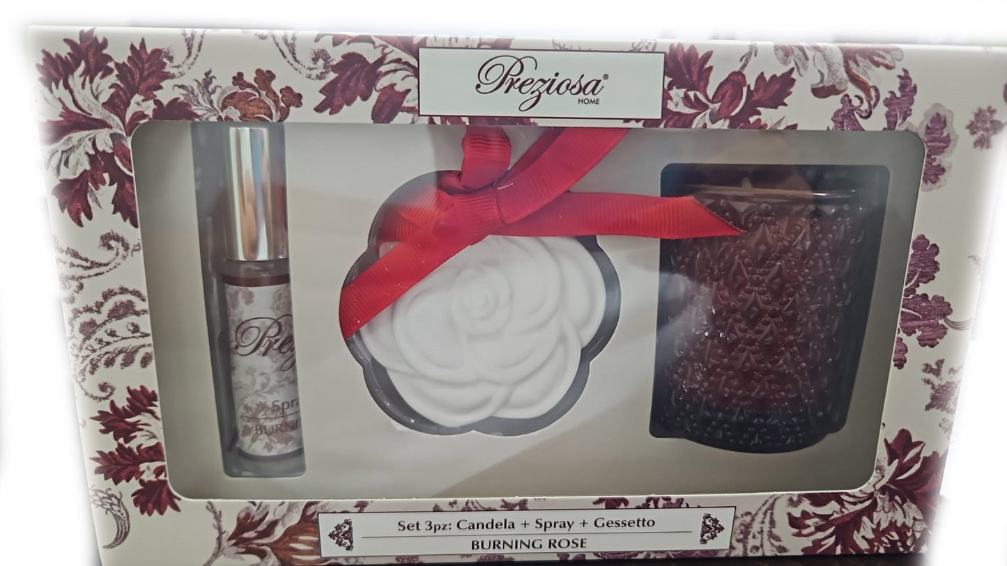 SET BURNING ROSE 3 PZ CANDELA PROFUMATA + SPRAY + GESSETTO