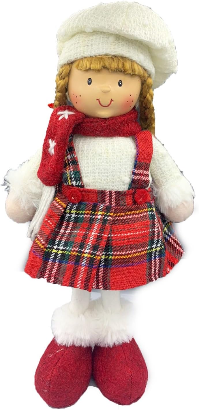 Bambolina Natalizia Alzata con Vestitino Tartan 32cm, con Bellissime Treccine Chiuse con Un Fiocchetto Rosso, per Decorazioni Natale sotto Albero, Arredo Casa E Locali