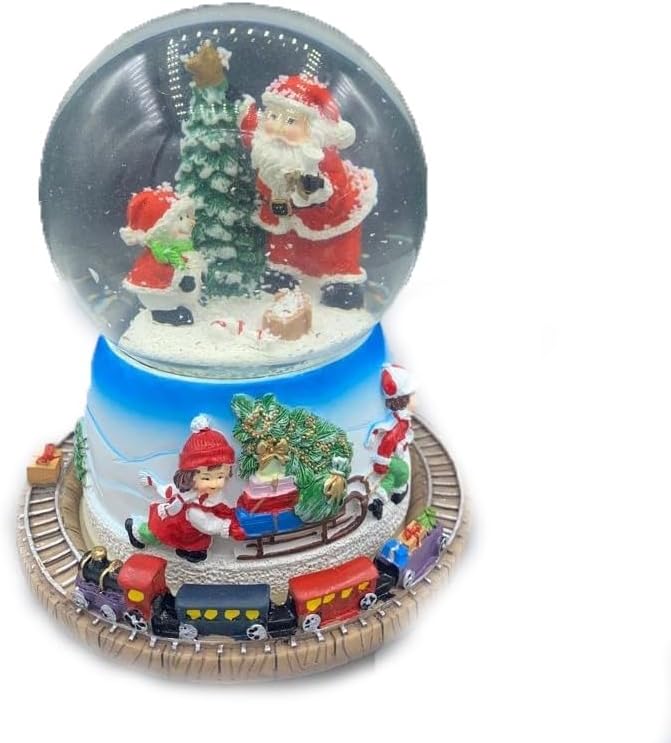 Carillon Sfera Babbo Natale di Fianco Pupazzo di Neve,Suona Una Melodia Natalizia, e la Neve riempie la Sfera e Ruota Intorno Trenino Cari