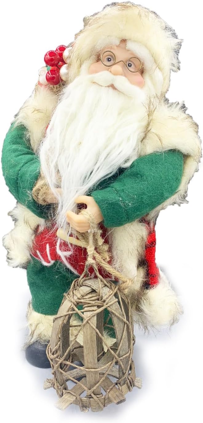 Babbo Natale con Vestito Tartan in Stoffa 30 cm,con Sacco Pieno di Regali e Lanterna in Legno, Decorato a Mano e Perfetto Come Decorazione Natalizia, Regalo e da Collezione
