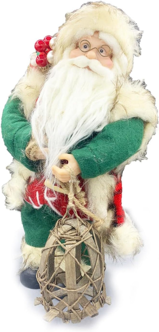 Babbo Natale con Vestito Tartan in Stoffa 30 cm,con Sacco Pieno di Regali e Lanterna in Legno, Decorato a Mano e Perfetto Come Decorazione Natalizia, Regalo e da Collezione