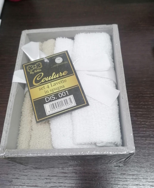 SET 4 LAVETTE IN SPUGNA DI COTONE 30 x 30CM CON COFANETTO IN LEGNO