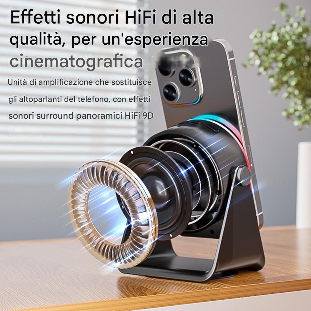 ALTOPARLANTE MAGNETICO A INDUZIONE PER SMARTPHONE CON LUCE AMBIENTALE COLORATA E ROTAZIONE A 360°