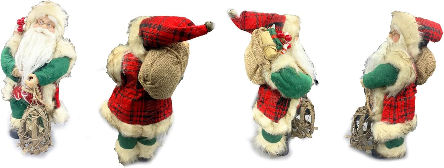 Babbo Natale con Vestito Tartan in Stoffa 30 cm,con Sacco Pieno di Regali e Lanterna in Legno, Decorato a Mano e Perfetto Come Decorazione Natalizia, Regalo e da Collezione