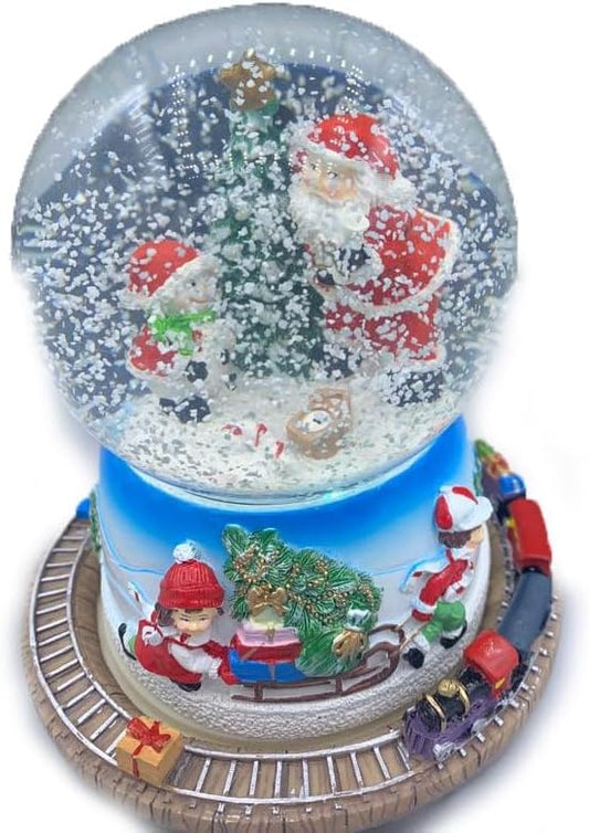 Carillon Sfera Babbo Natale di Fianco Pupazzo di Neve,Suona Una Melodia Natalizia, e la Neve riempie la Sfera e Ruota Intorno Trenino Cari