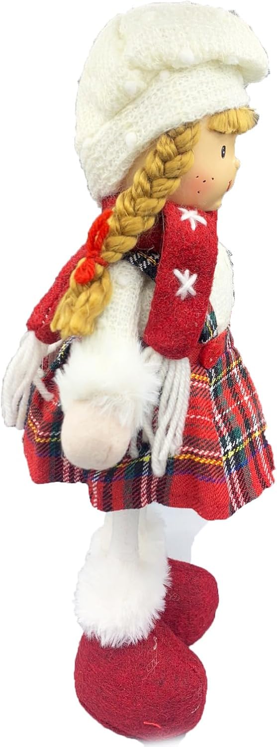 Bambolina Natalizia Alzata con Vestitino Tartan 32cm, con Bellissime Treccine Chiuse con Un Fiocchetto Rosso, per Decorazioni Natale sotto Albero, Arredo Casa E Locali