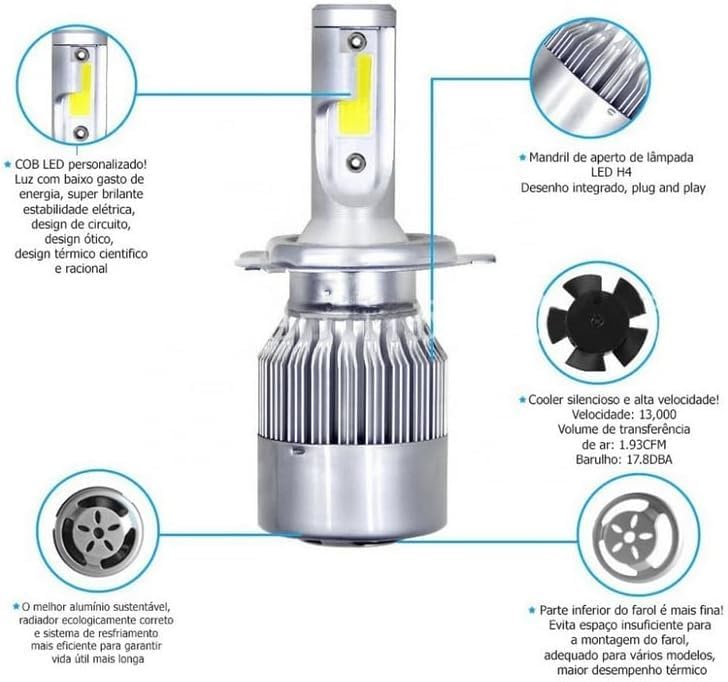 Coppia kit lampade luci led auto moto fari COB H4 C6 7600lm 36W 6000K Headlight Luce bianca lampadine bulbi automobile