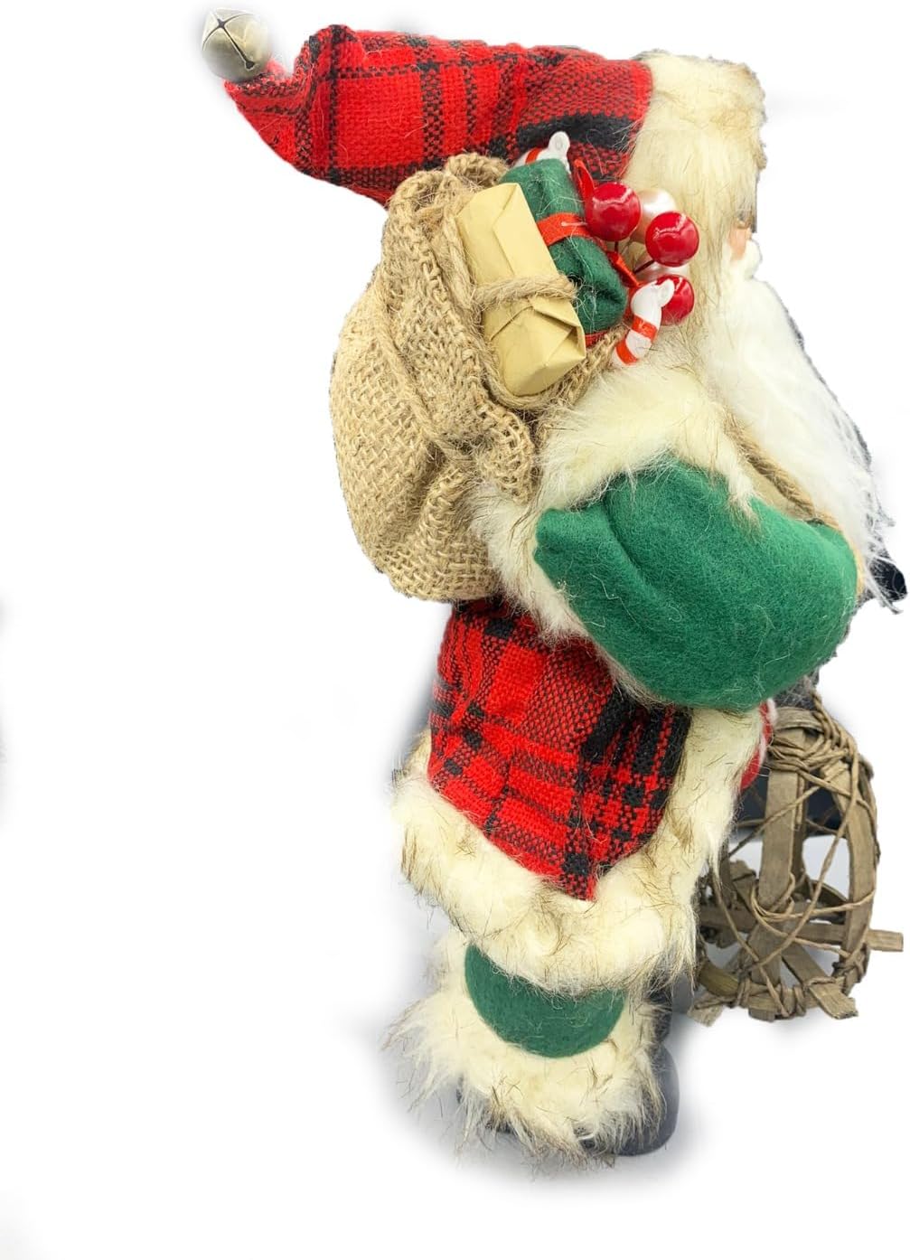 Babbo Natale con Vestito Tartan in Stoffa 30 cm,con Sacco Pieno di Regali e Lanterna in Legno, Decorato a Mano e Perfetto Come Decorazione Natalizia, Regalo e da Collezione