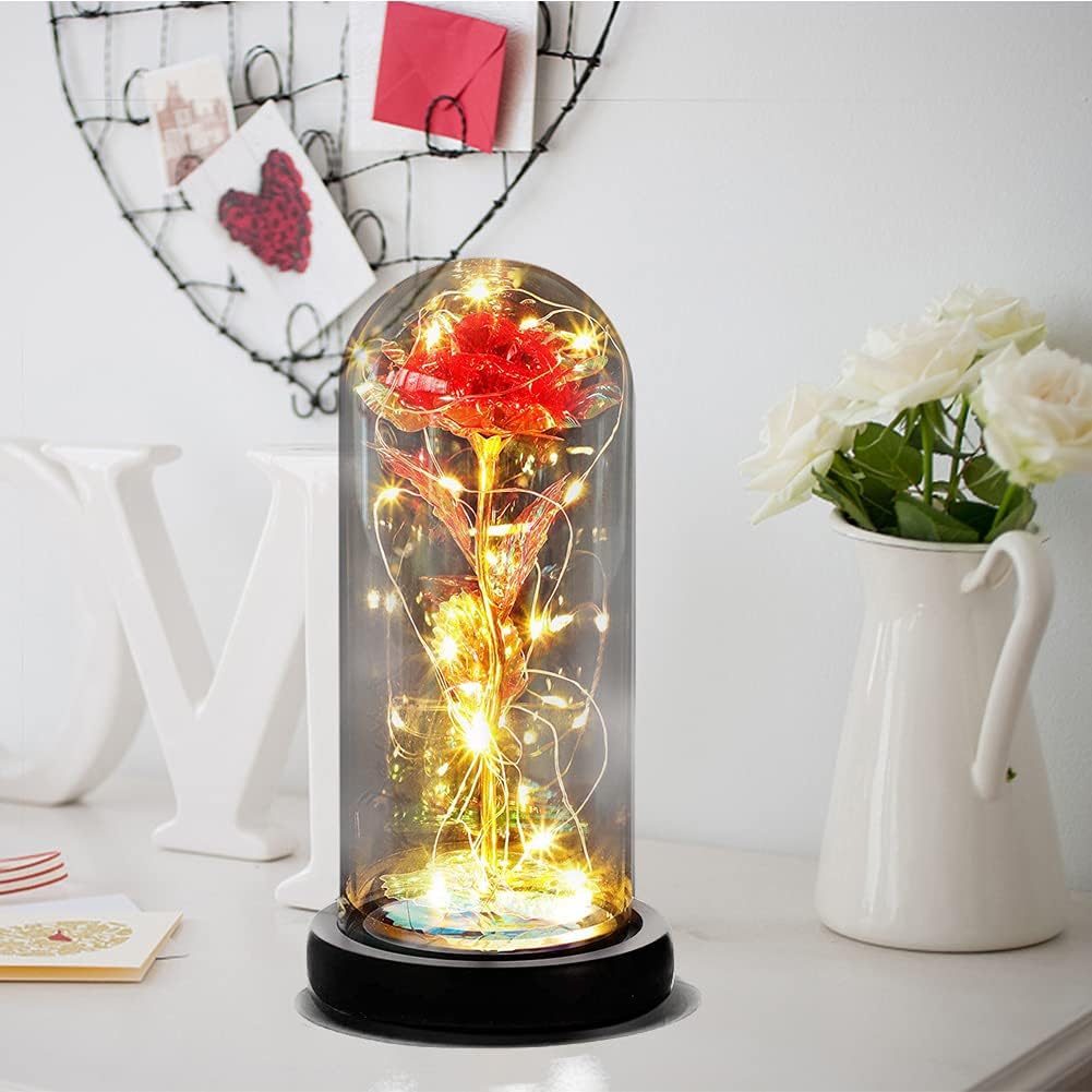ROSA ETERNA STABILIZZATA IDEA REGALO, EFFETTO VETRO CON CUPOLA,CON LED,COMPLEANNO ED EVENTI