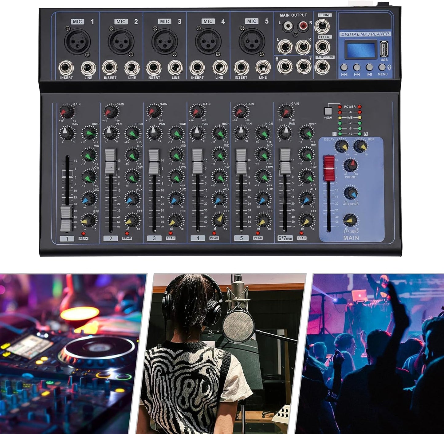Mixer Audio Professionale A 7 Canali, Console Audio M/Usb Dj Sound Console Mixer Presa Mp3, Ingresso 48 V Alimentazione Phantom Per Registrazione Dj Palcoscenico Musica Applicazione