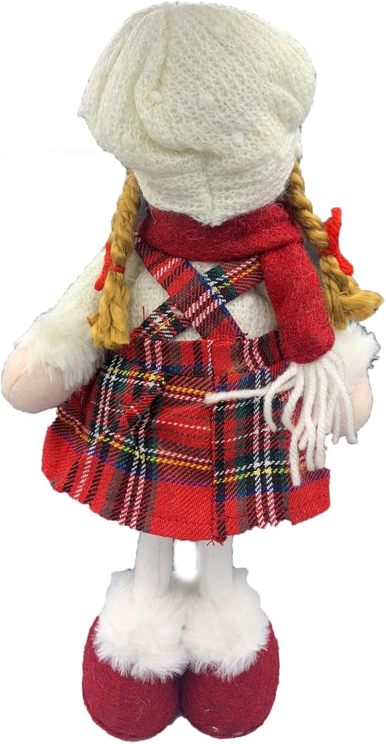 Bambolina Natalizia Alzata con Vestitino Tartan 32cm, con Bellissime Treccine Chiuse con Un Fiocchetto Rosso, per Decorazioni Natale sotto Albero, Arredo Casa E Locali