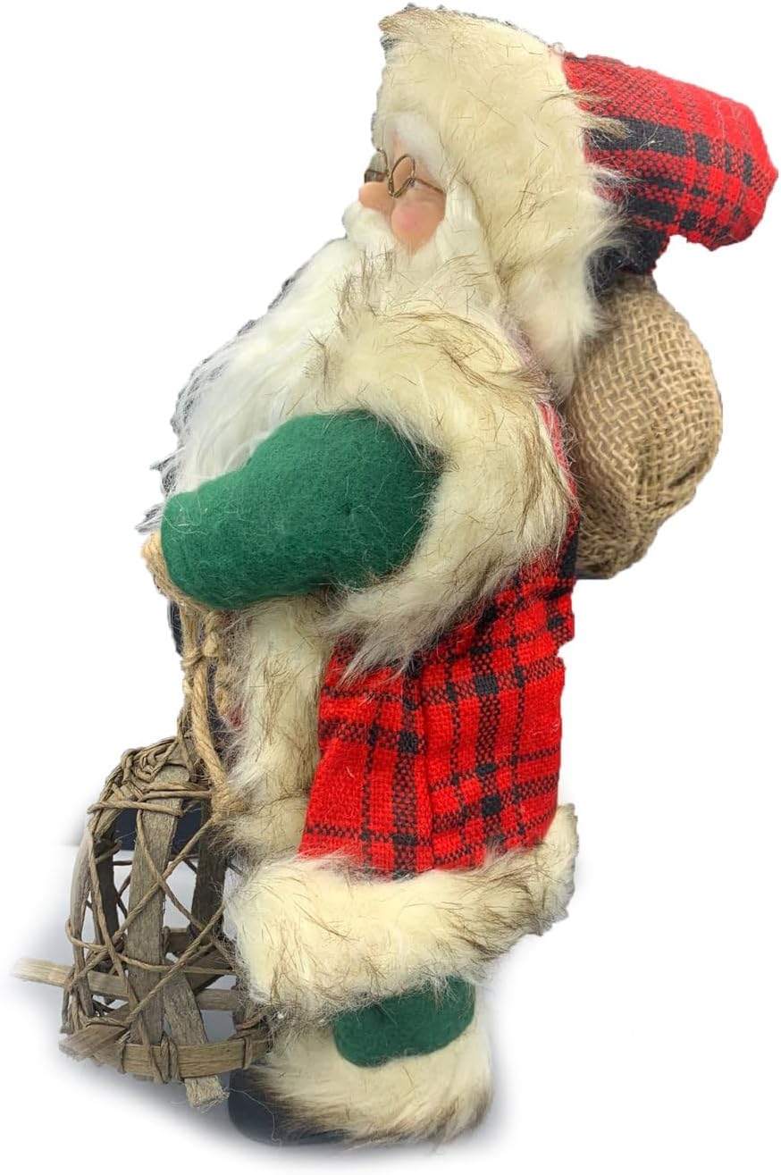 Babbo Natale con Vestito Tartan in Stoffa 30 cm,con Sacco Pieno di Regali e Lanterna in Legno, Decorato a Mano e Perfetto Come Decorazione Natalizia, Regalo e da Collezione