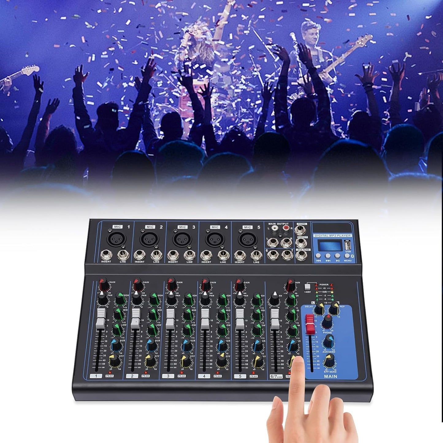 Mixer Audio Professionale A 7 Canali, Console Audio M/Usb Dj Sound Console Mixer Presa Mp3, Ingresso 48 V Alimentazione Phantom Per Registrazione Dj Palcoscenico Musica Applicazione