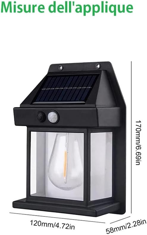 Applique Lampada da parete per esterni con lampadina filamento a led luce calda con ricarica ad energia solare crepuscolare e sensore di movimento - Varie Colorazioni
