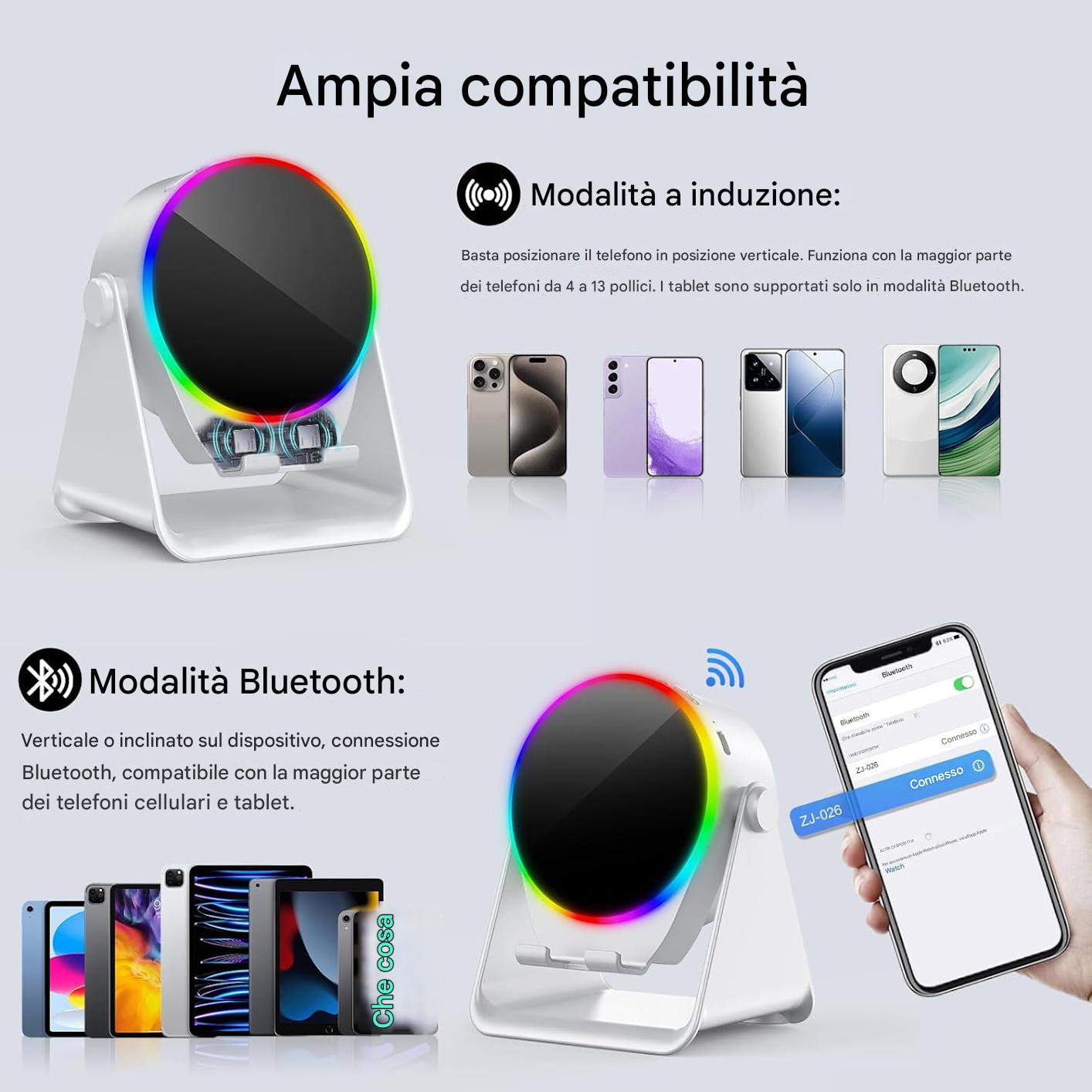 ALTOPARLANTE MAGNETICO A INDUZIONE PER SMARTPHONE CON LUCE AMBIENTALE COLORATA E ROTAZIONE A 360°