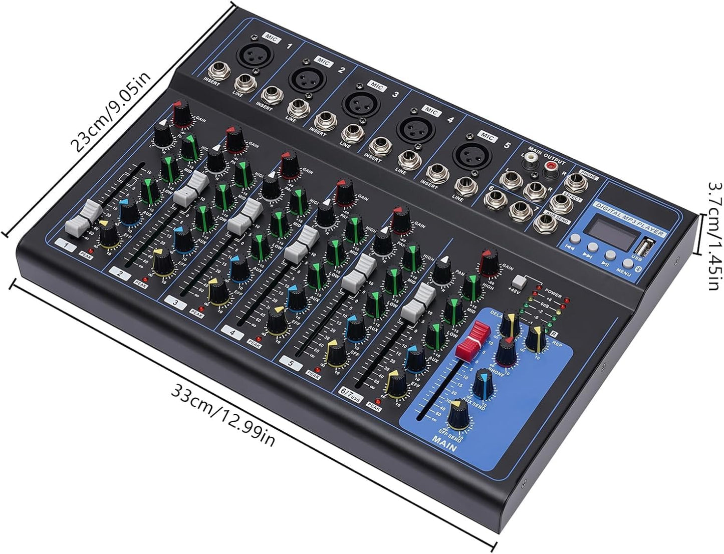 Mixer Audio Professionale A 7 Canali, Console Audio M/Usb Dj Sound Console Mixer Presa Mp3, Ingresso 48 V Alimentazione Phantom Per Registrazione Dj Palcoscenico Musica Applicazione