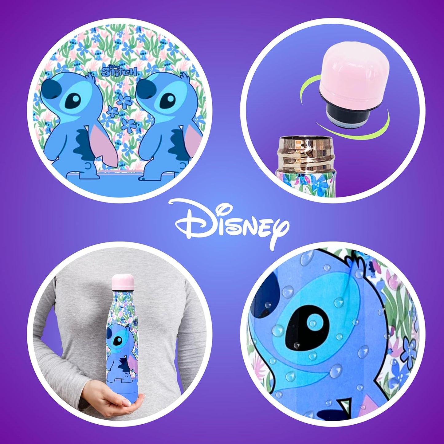 BOTTIGLIA TERMICA IN ACCIAIO INOX STITCH DISNEY CON TAPPO SVITABILE 500 ML