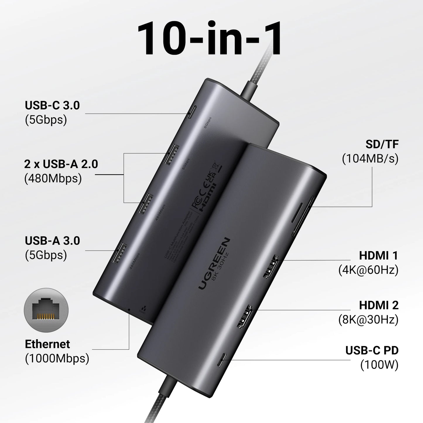 Hub USB-C 10-in-1 UltraStation: Dual HDMI 8K/4K, Ethernet & Power Delivery 100W