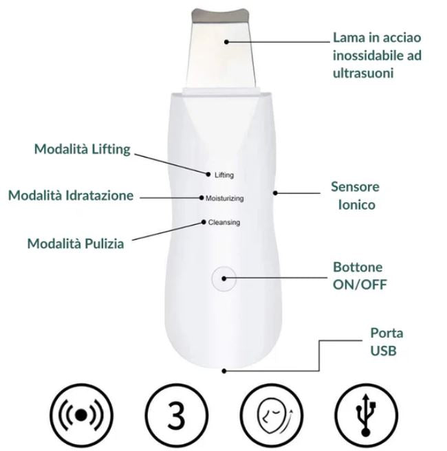 SPATOLA A ULTRASUONI PER PULIZIA VISO 3 IN 1