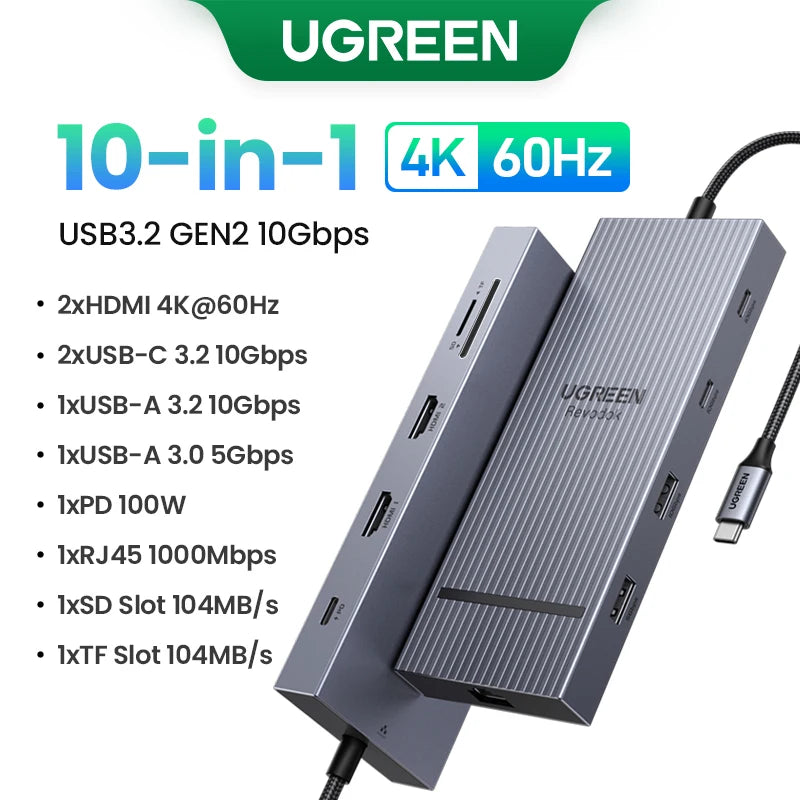 Hub USB-C 10-in-1 UltraStation: Dual HDMI 8K/4K, Ethernet & Power Delivery 100W