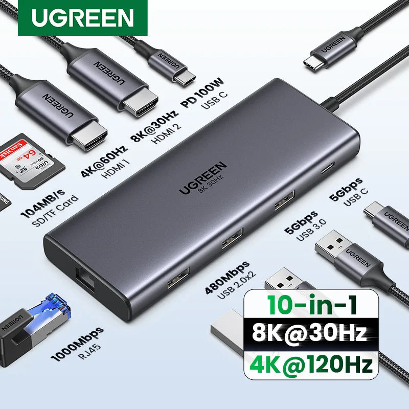 Hub USB-C 10-in-1 UltraStation: Dual HDMI 8K/4K, Ethernet & Power Delivery 100W