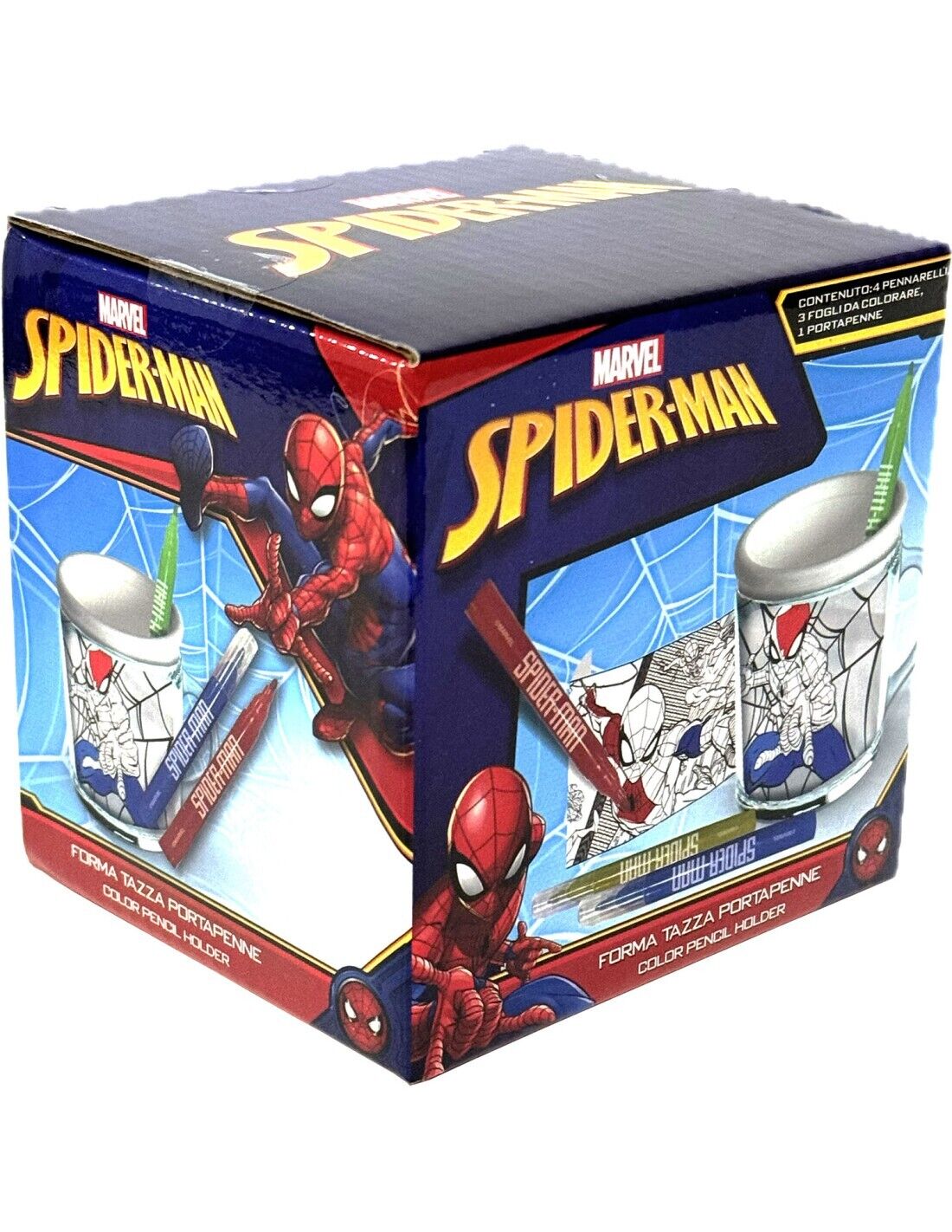 TAZZA PORTAPENNE SPIDERMAN MARVEL CON PENNARELLI E FOGLI DA COLORARE