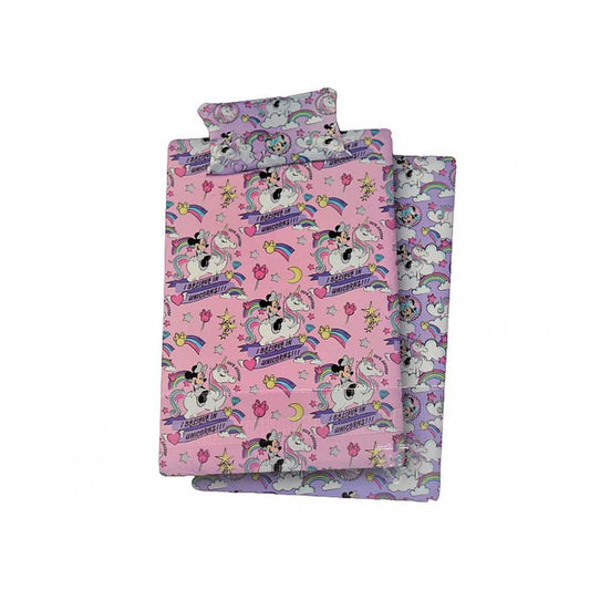 SET DA LETTO MINNIE UNICORNO 3 PEZZI LENZUOLO SOPRA + SOTTO CON ANGOLI + FEDERA 100% COTONE