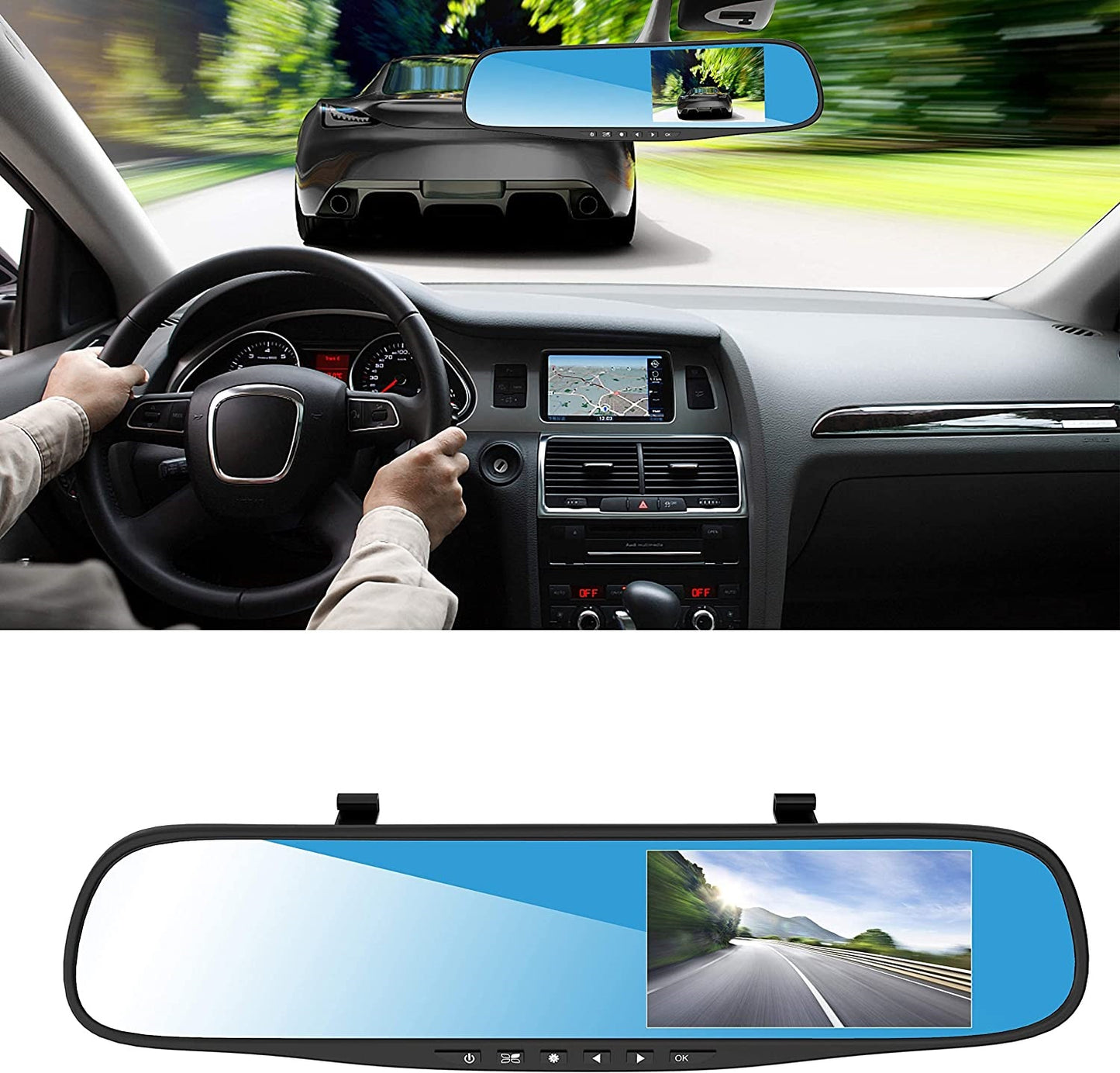 KIT CON SPECCHIETTO PER AUTO E DASH CAM SCHERMO DA 4.3" RISOLUZIONE 1080P DOPPIA LENTE CON REGISTRATORE + TELECAMERA
