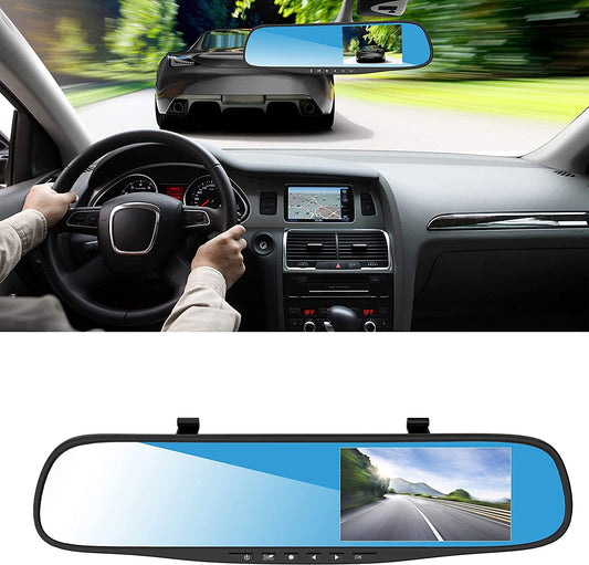 KIT CON SPECCHIETTO PER AUTO E DASH CAM SCHERMO DA 4.3" RISOLUZIONE 1080P DOPPIA LENTE CON REGISTRATORE + TELECAMERA
