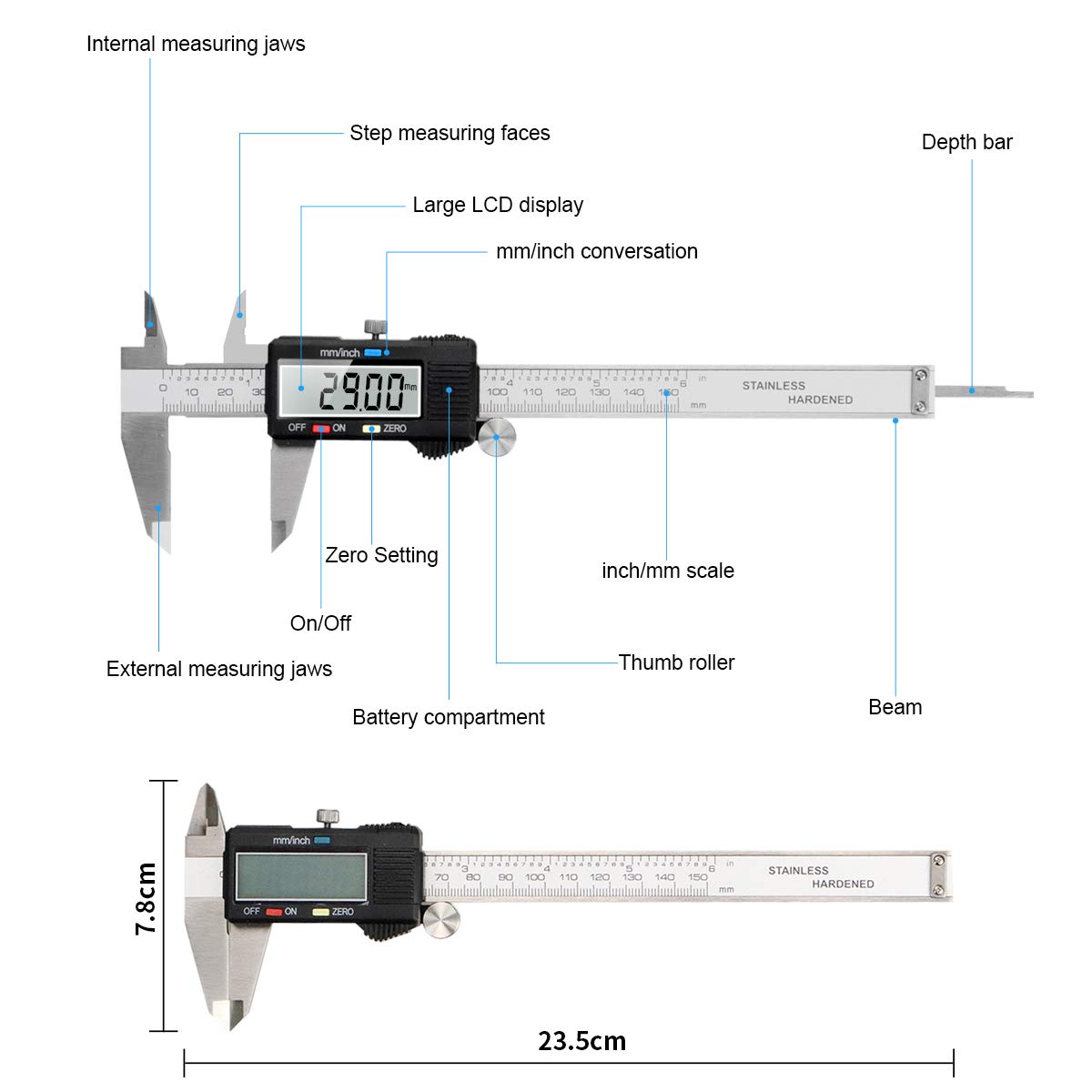CALIBRO DIGITALE DI PRECISIONE MICROMETRO IN ACCIAIO INOX 150mm CON AMPIO DISPLAY LCD PER MISURAZIONE INTERNA ED ESTERNA PROFONDITA' E DI PASSO
